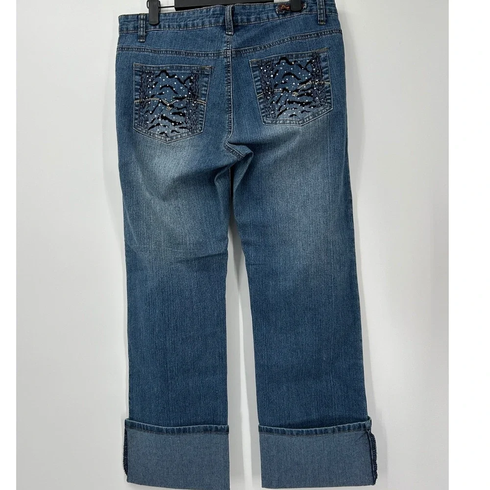 Vintage Y2K Jeans D Blue Denim Capri Jeans Zebra Cuff Rhinestone Trim Size 11